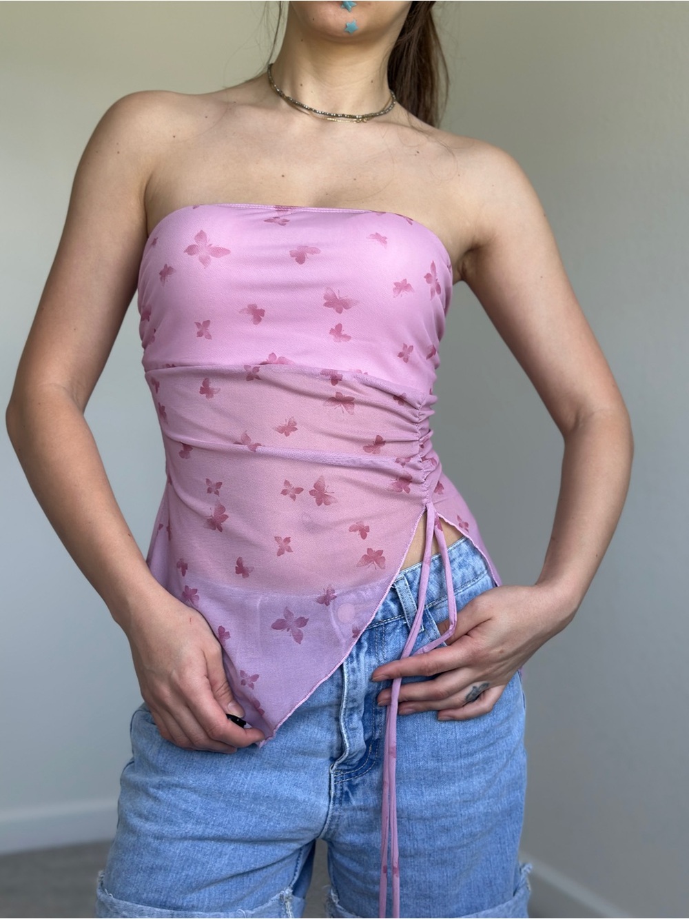 See You Monday Pink Butterfly Sheer Strapless Tank Size M - Brand new with tags